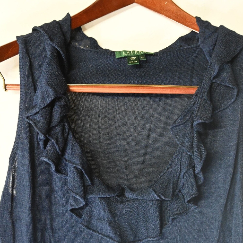 NEW Lauren Ralph Lauren‎ XL Navy Blue Ruffle Silk Scoop Neck Sweater Vest Tank - Picture 2 of 6